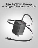 65W PD Home Charger,  USB-C 2ft Retractable Cable Fast Type-C  - ACK22 2240-8