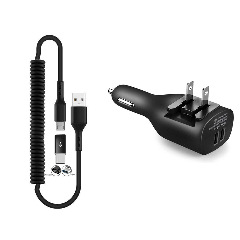 2-in-1 Car Home Charger, Charger Cord Micro-USB to USB-C Adapter Coiled USB Cable - ACE96