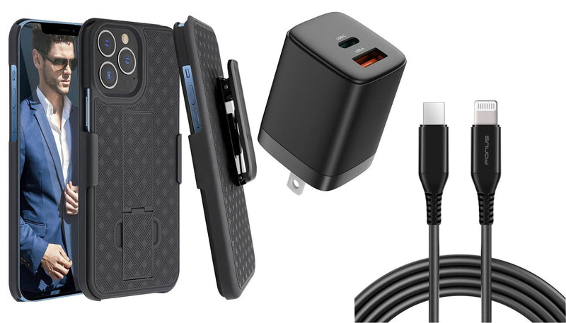 Belt Clip Case and Fast Home Charger Combo, 6ft Long USB-C Cable PD Type-C Power Adapter Swivel Holster - ACA12+G96