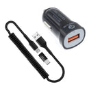  24W Fast Car Charger ,  Power Cord Micro-USB to USB-C Adapter Coiled USB Cable  - ACK78 1880-1