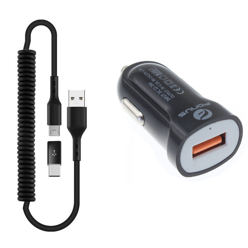 24W Fast Car Charger , Power Cord Micro-USB to USB-C Adapter Coiled USB Cable - ACK78