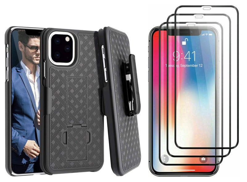 Belt Clip Case and 3 Pack Screen Protector, Kickstand Cover Tempered Glass Swivel Holster - ACM27+3R49