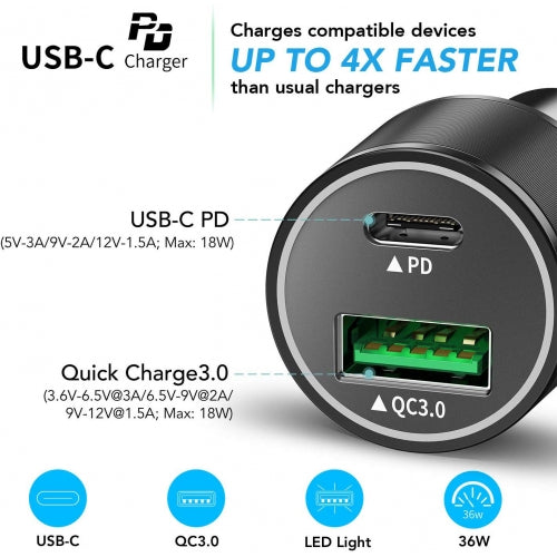 Quick Car Charger, Type-C PD 2-Port USB Cable 36W - ACL91