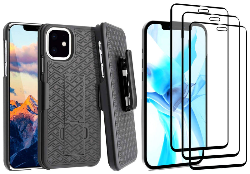 Belt Clip Case and 3 Pack Screen Protector, Kickstand Cover Tempered Glass Swivel Holster - ACM90+3R63