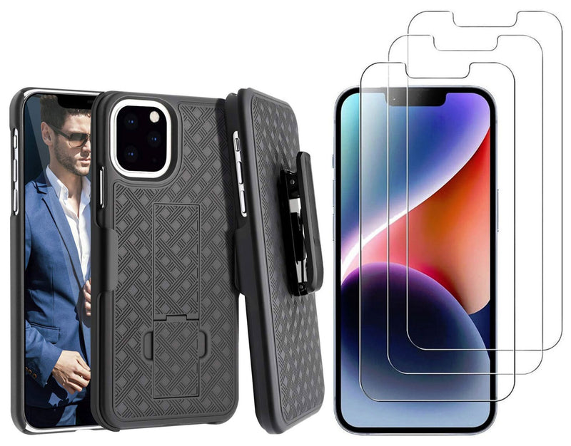 Belt Clip Case and 3 Pack Screen Protector, Kickstand Cover Tempered Glass Swivel Holster - ACM27+3R60