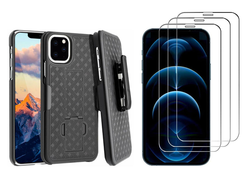 Belt Clip Case and 3 Pack Screen Protector, Kickstand Cover Tempered Glass Swivel Holster - ACD13+3G12