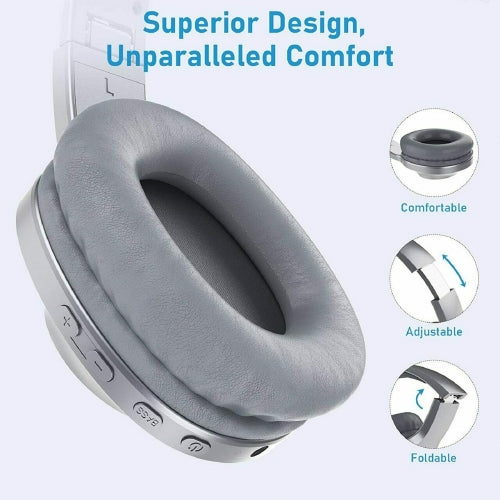 Bluetooth Headphones, Over Ear Wireless Earphones w Mic Foldable Headset Silver - ACCM4
