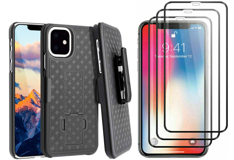 Belt Clip Case and 3 Pack Screen Protector, Kickstand Cover Tempered Glass Swivel Holster - ACJ44+3R48