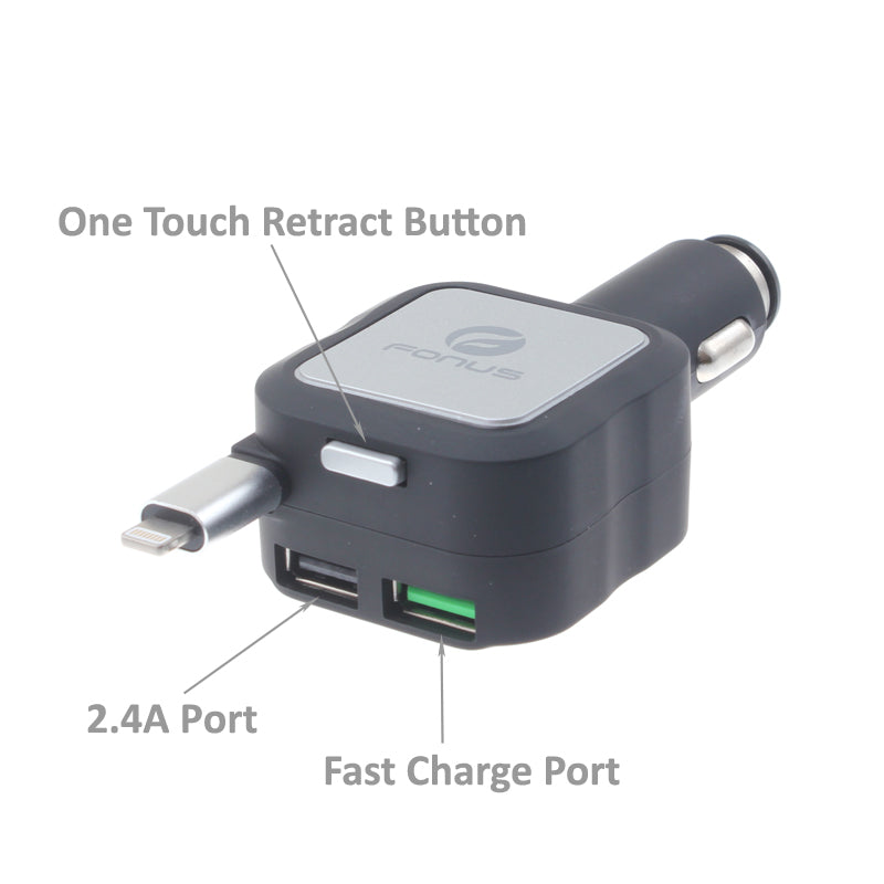 Car Charger, 2-Port USB 4.8Amp Retractable - ACD23