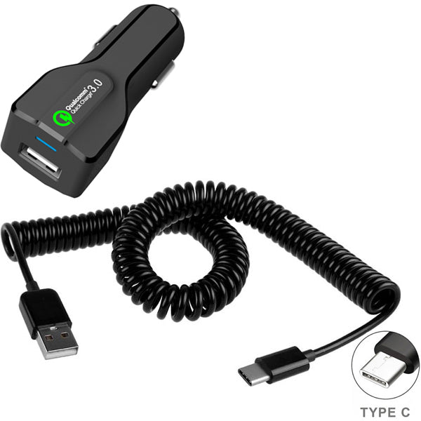 Car Charger, Coiled Cable USB Port 18W Fast - ACM14