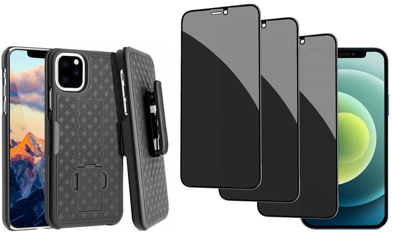 Belt Clip Case and 3 Pack Privacy Screen Protector, Kickstand Cover Tempered Glass Swivel Holster - ACD13+3G28
