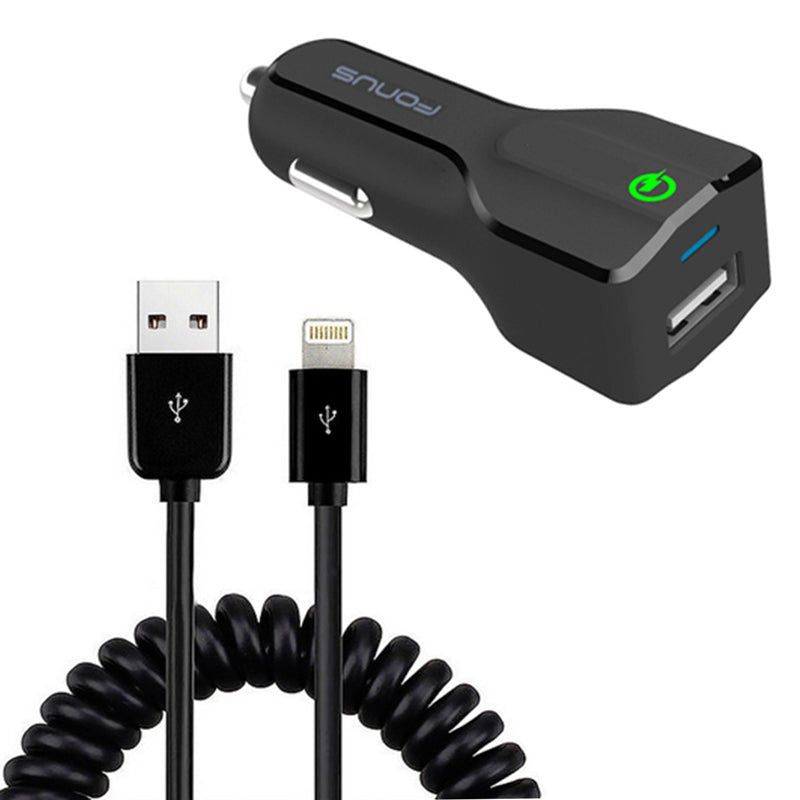 Car Charger,  Coiled Cable 2-Port USB 24W Fast  - ACK23 974-1